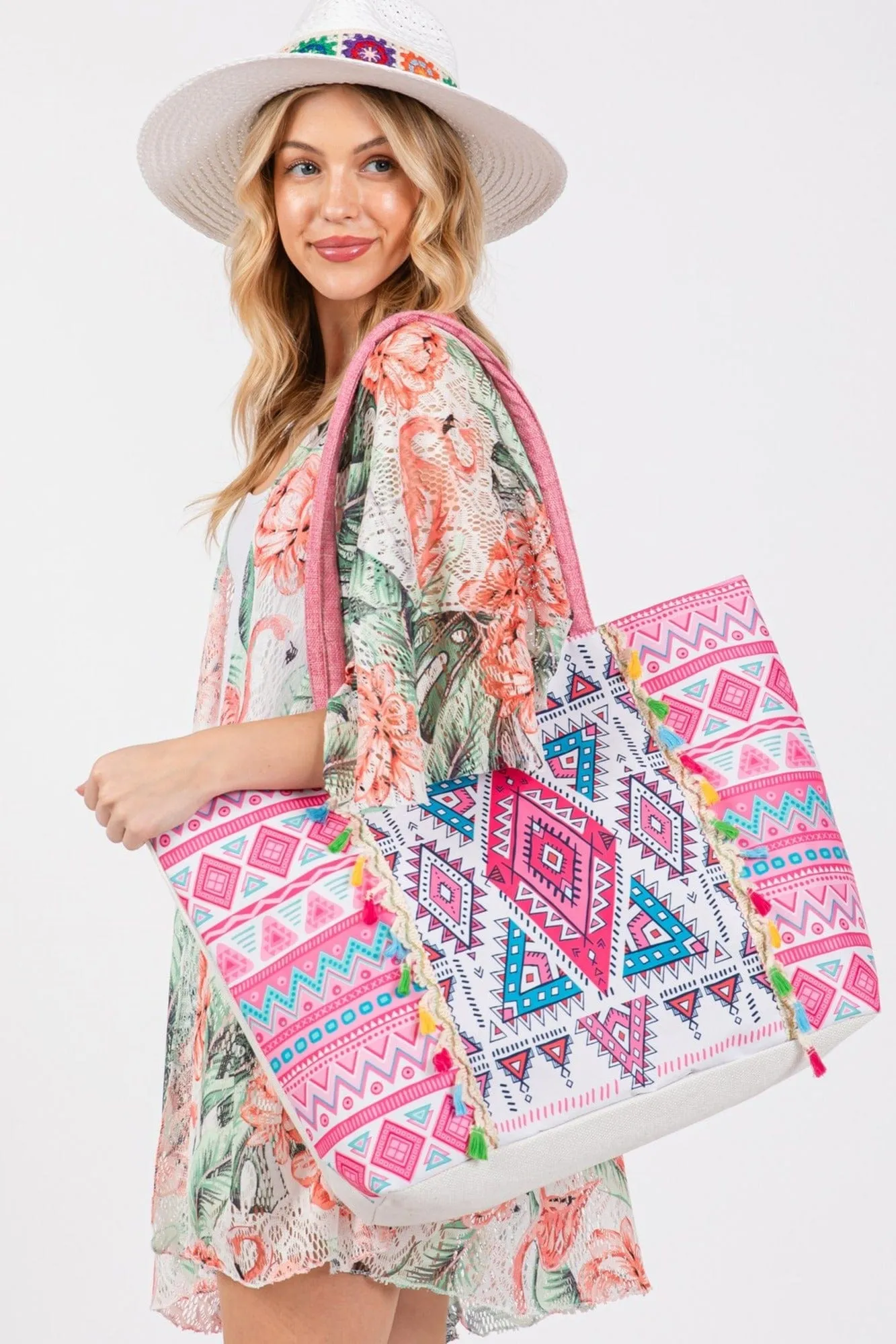 MB0254 Taytum Aztec Print Tassel Tote Bag