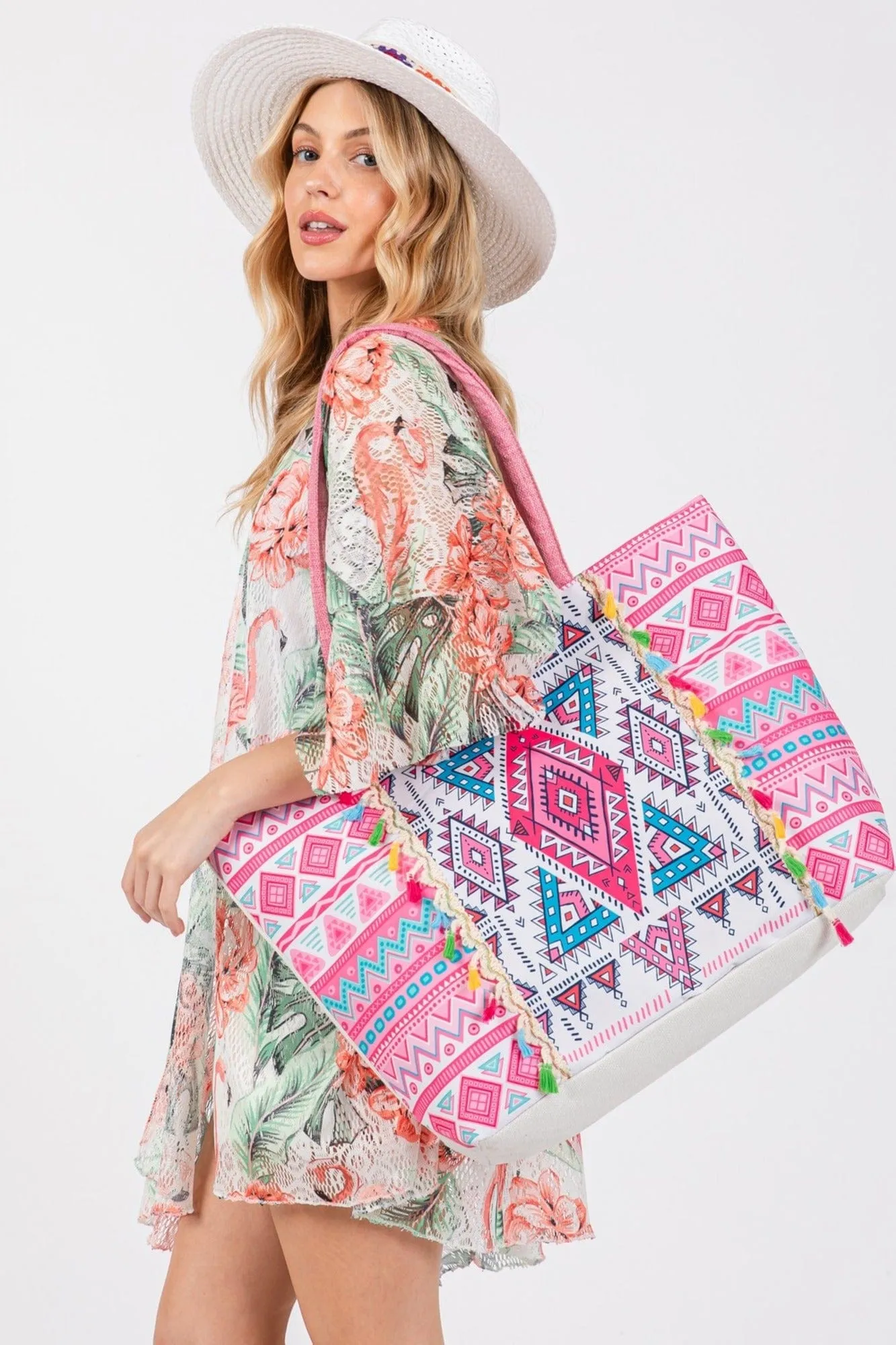 MB0254 Taytum Aztec Print Tassel Tote Bag