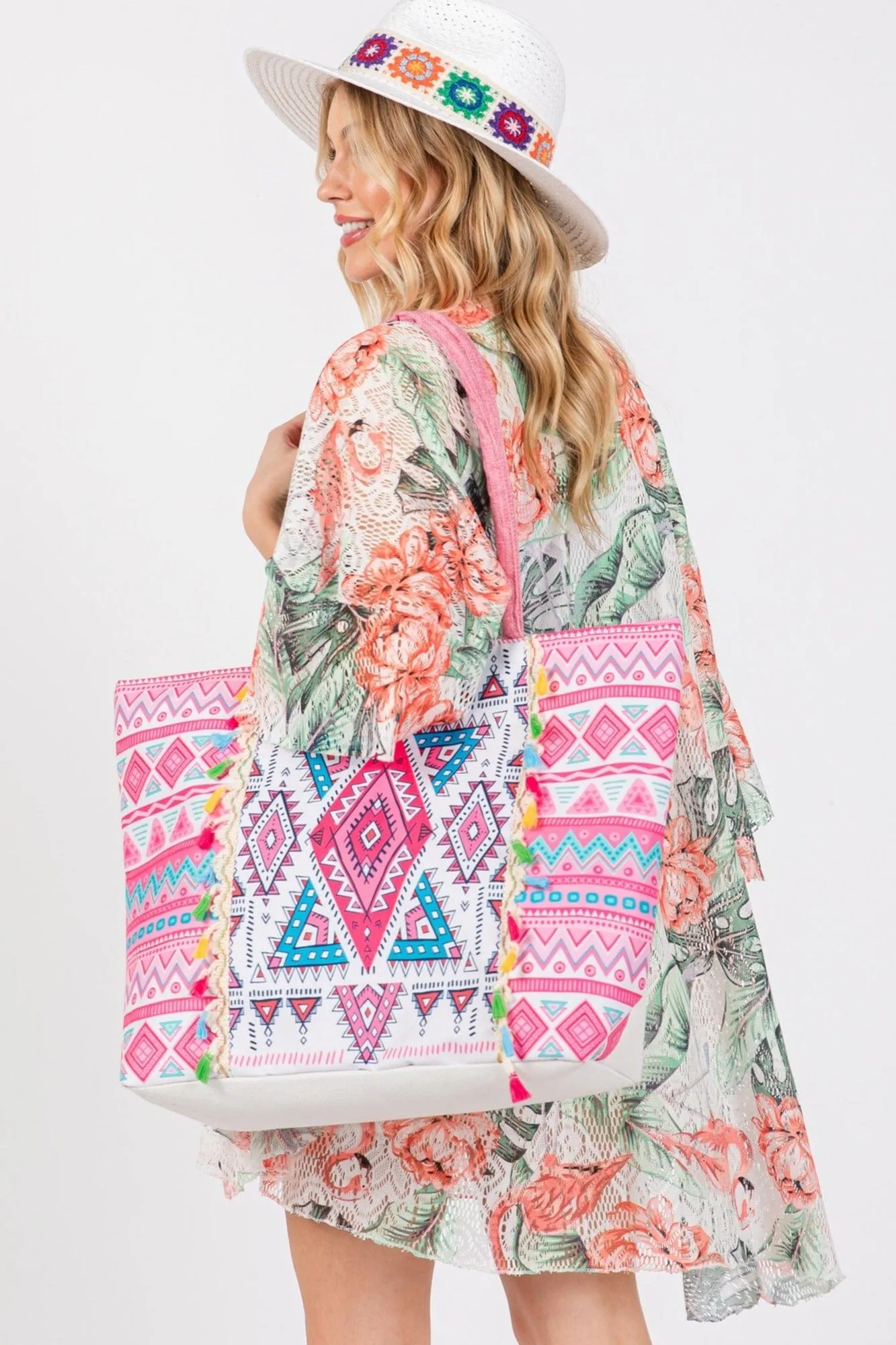 MB0254 Taytum Aztec Print Tassel Tote Bag