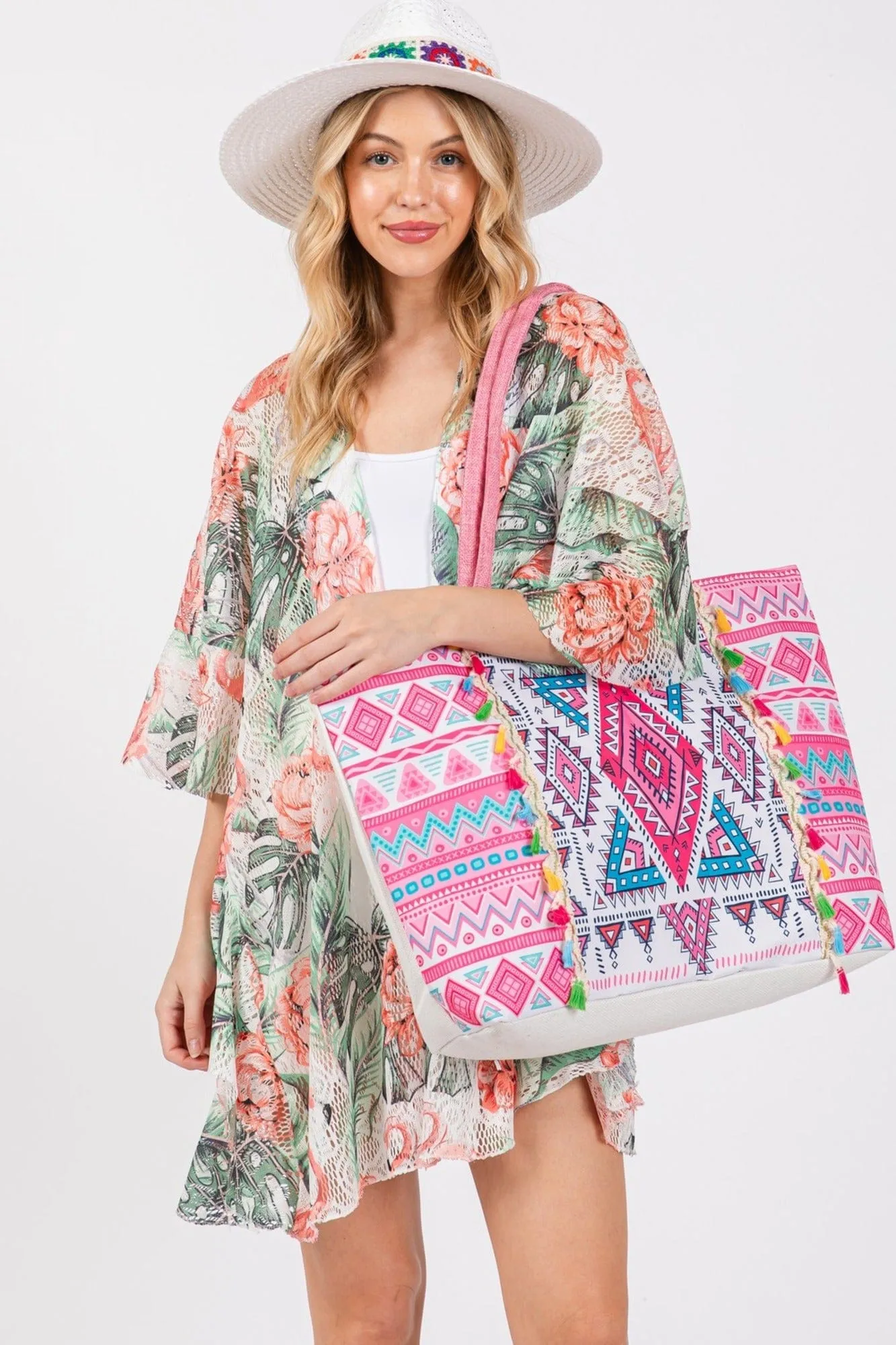 MB0254 Taytum Aztec Print Tassel Tote Bag