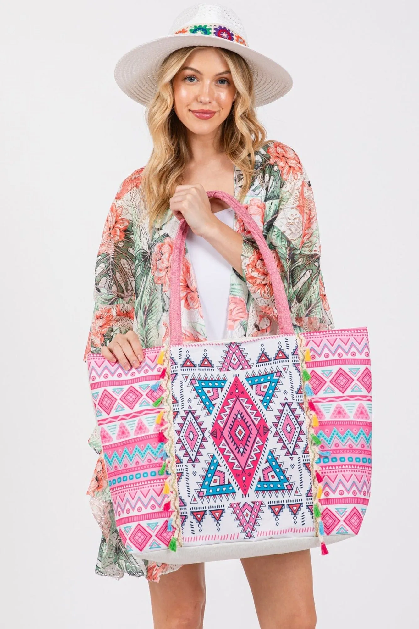 MB0254 Taytum Aztec Print Tassel Tote Bag