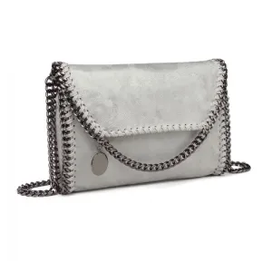 Miss Lulu Leather Look Chain Fold-over Shoulder Bag - Grey | Stylish & Edgy Handbag