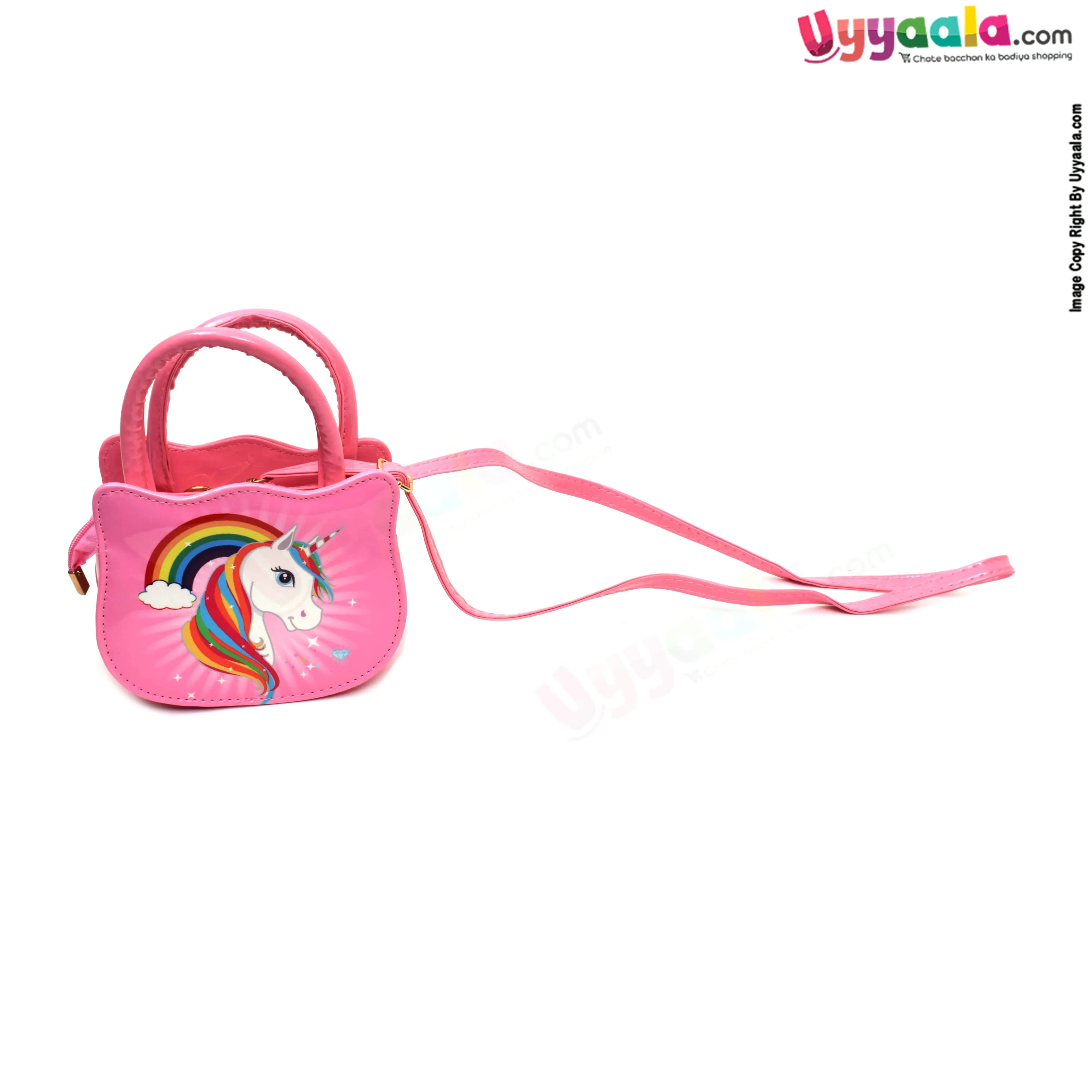 Party wear sling hand bag for kids (baby girl) with rainbow & unicorn print, age 3  years-Pink