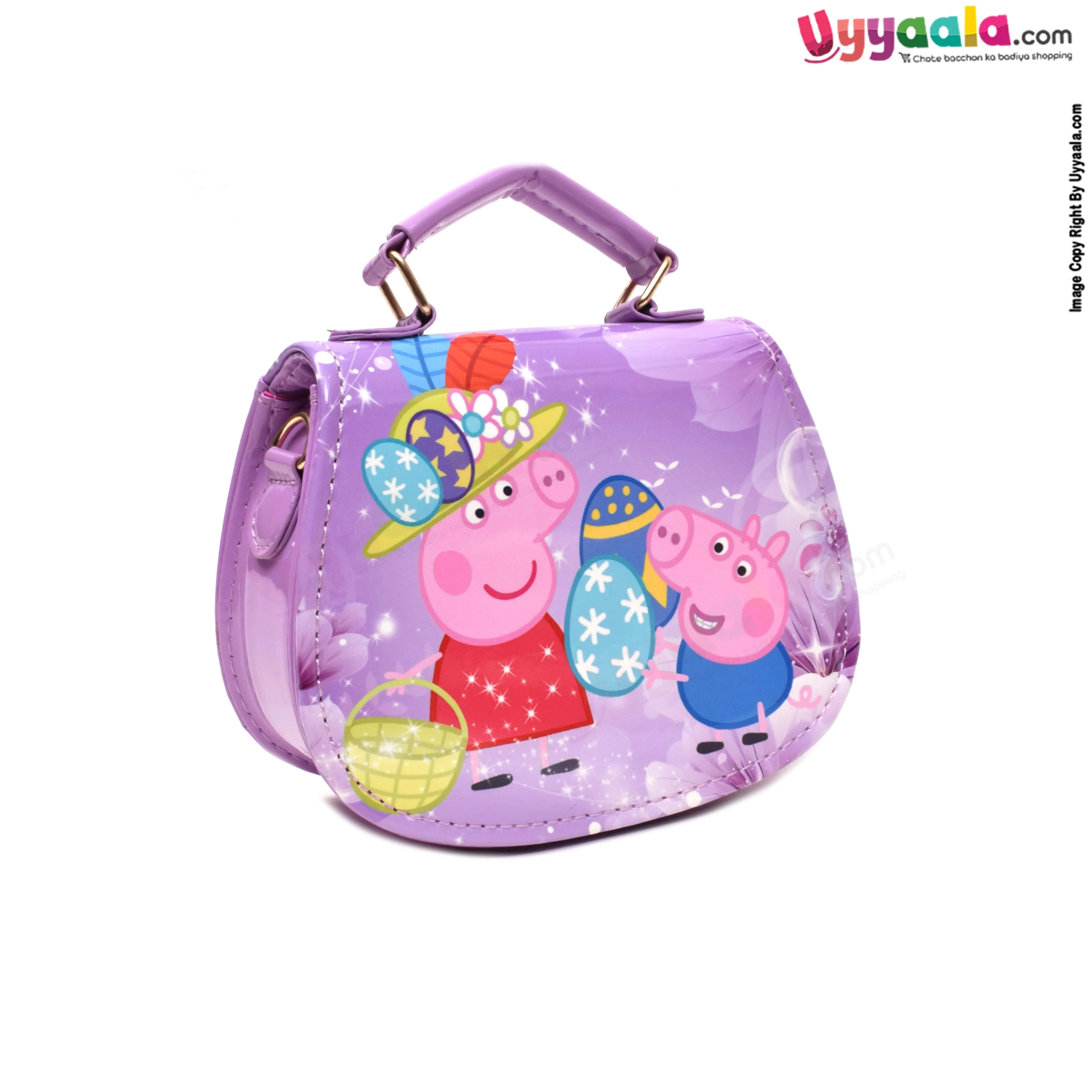 Party wear sling hand bags for kids with adjustable strap, peppa pig print, age 3  years-Purple