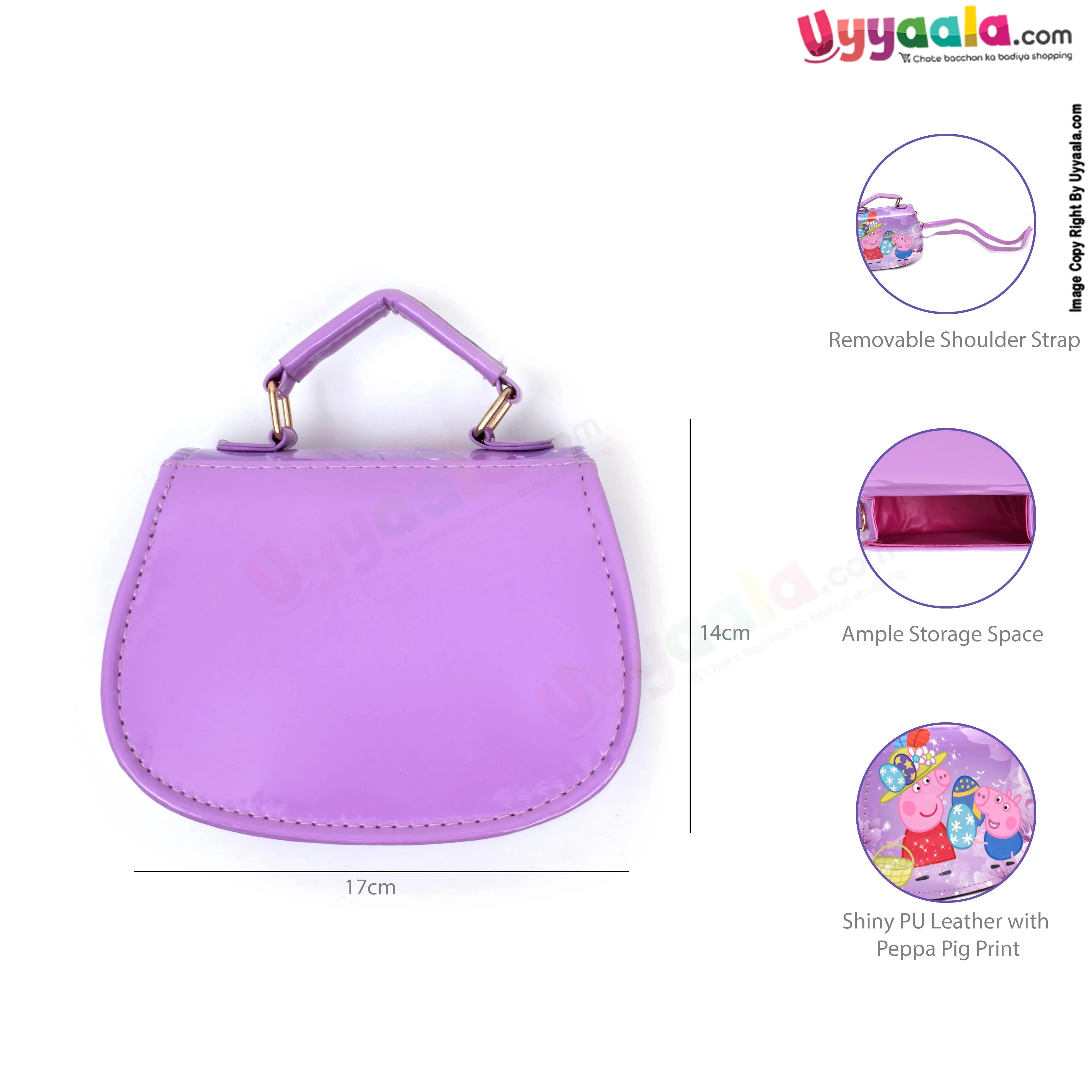 Party wear sling hand bags for kids with adjustable strap, peppa pig print, age 3  years-Purple