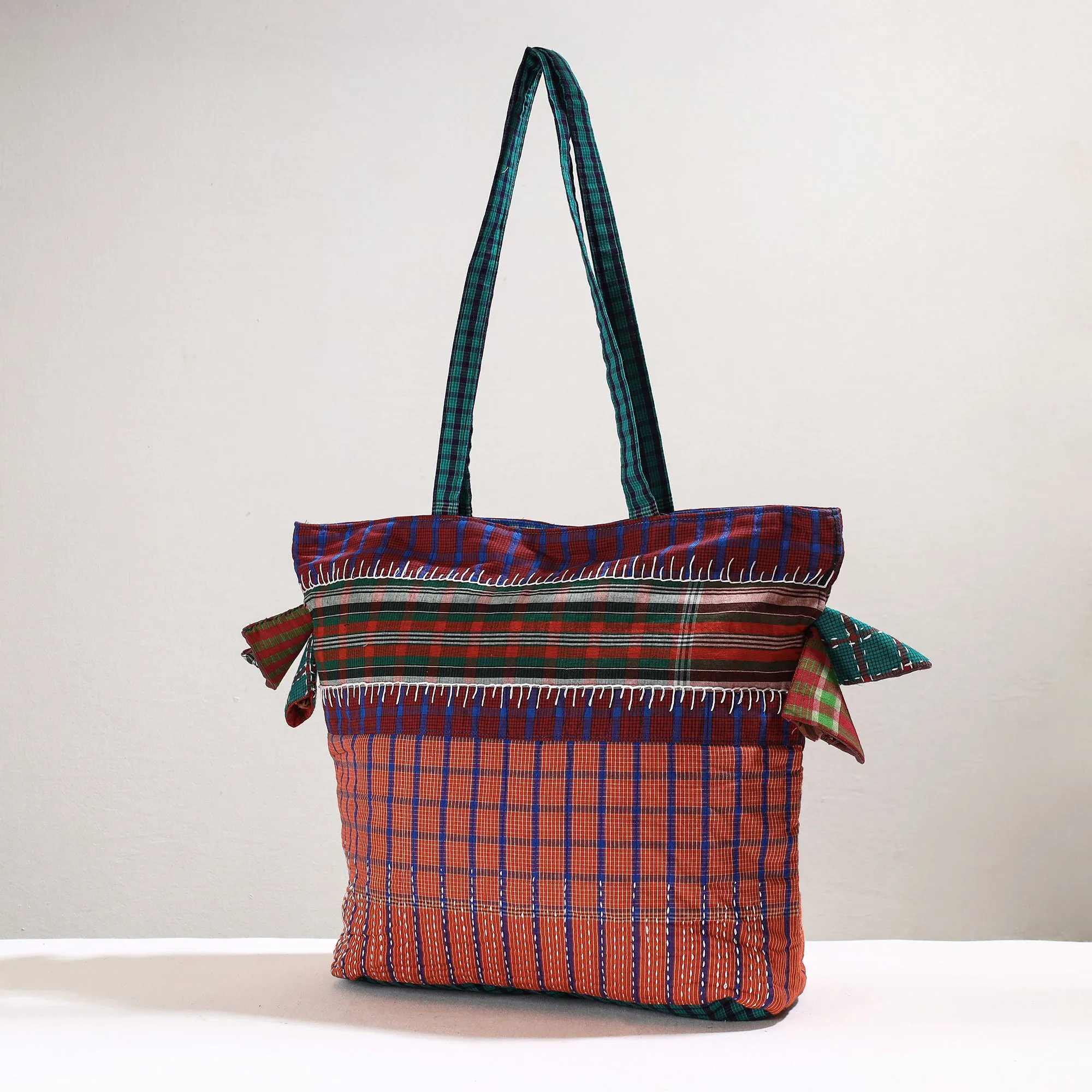 Peach - Handmade Gamcha Fabric Kantha Work Tote Bag