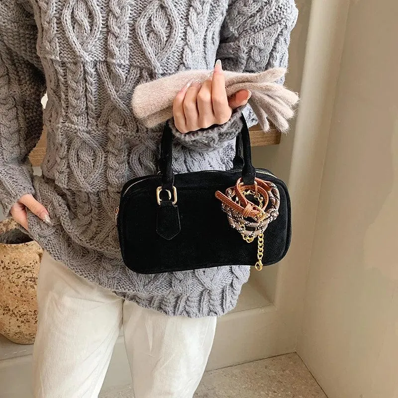 Small Nubuck Leather Tote Handbags Zipper Belt Chain Accessories Women Handbags