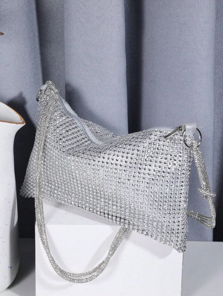 Sparkling Silver Rhinestone Rope Strap Evening Purse