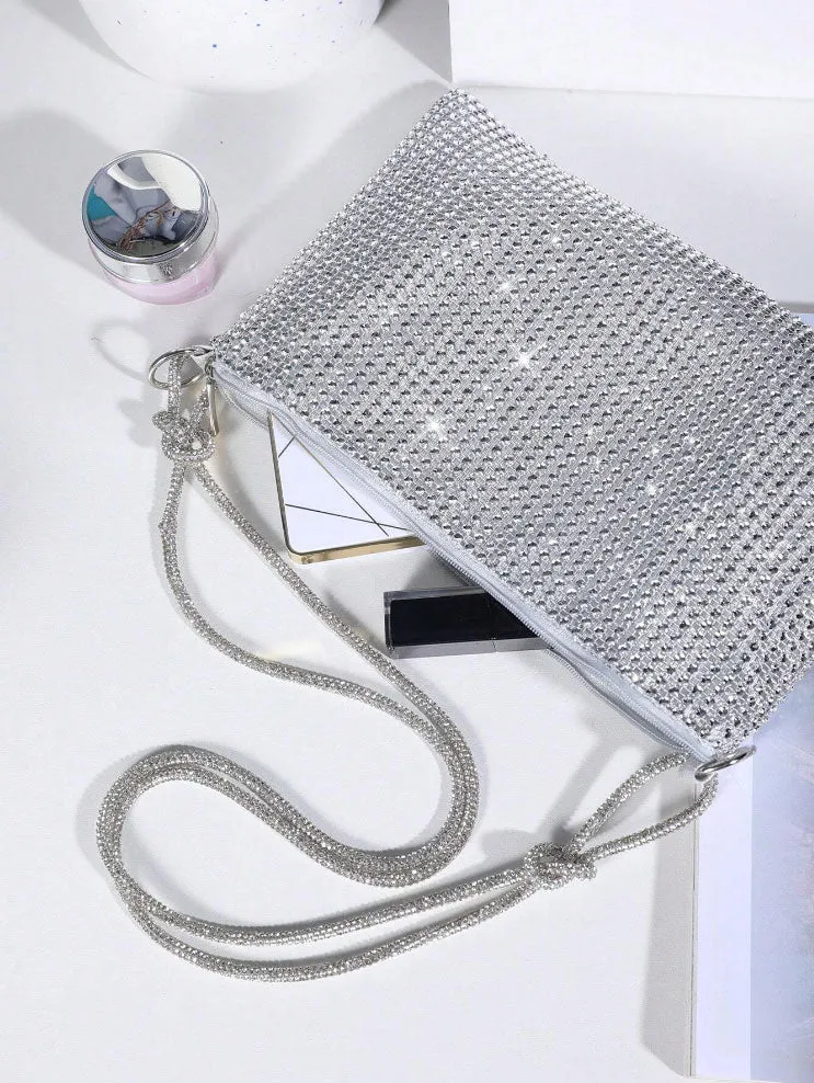 Sparkling Silver Rhinestone Rope Strap Evening Purse