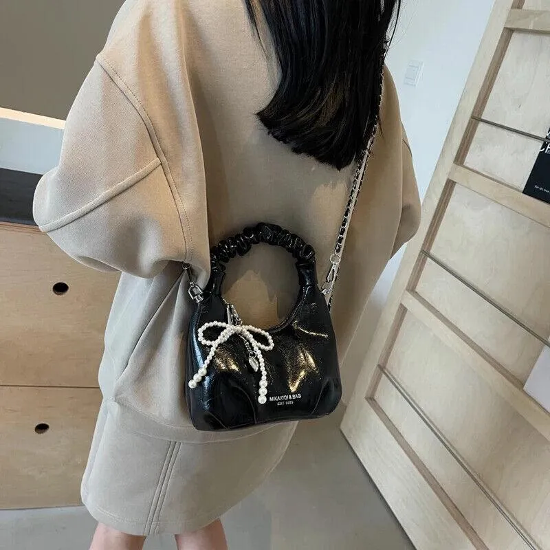 Tote Mini Handbag Chain Strap Women Glazed Leather Zipper Pearl Tassel Crossbody