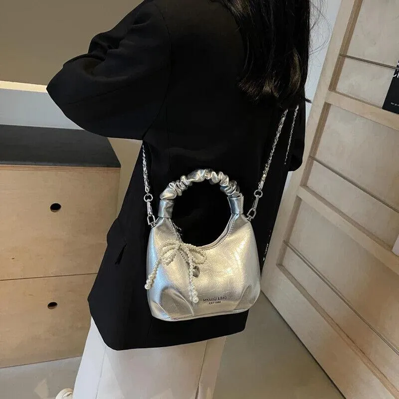 Tote Mini Handbag Chain Strap Women Glazed Leather Zipper Pearl Tassel Crossbody