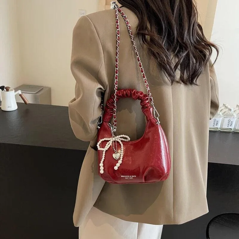 Tote Mini Handbag Chain Strap Women Glazed Leather Zipper Pearl Tassel Crossbody