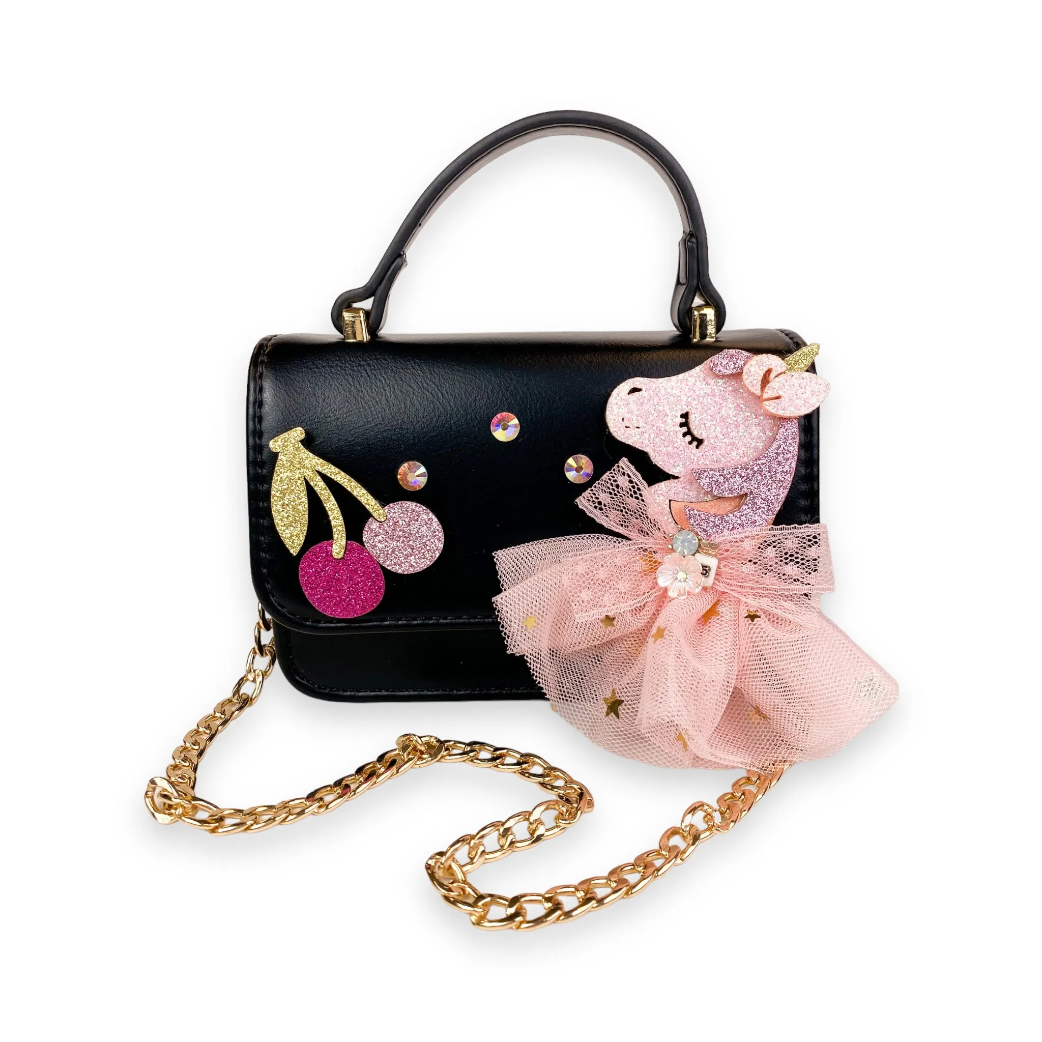 Unicorn & Cherry Applique Purse - Black