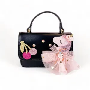 Unicorn & Cherry Applique Purse - Black