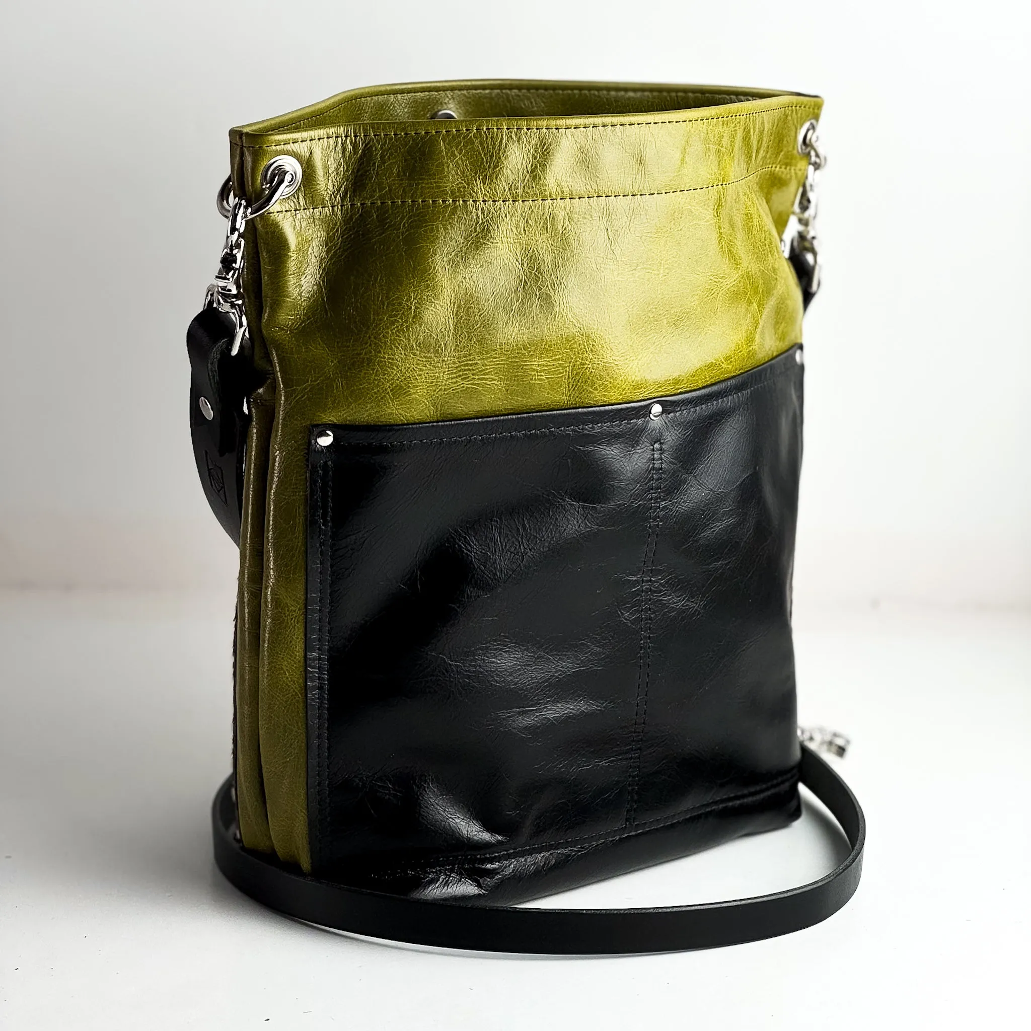 Urban Edge Collection | Train Shoulder Tote   Crossbody | Olive Leaf   Newsprint Hair-on-Hide