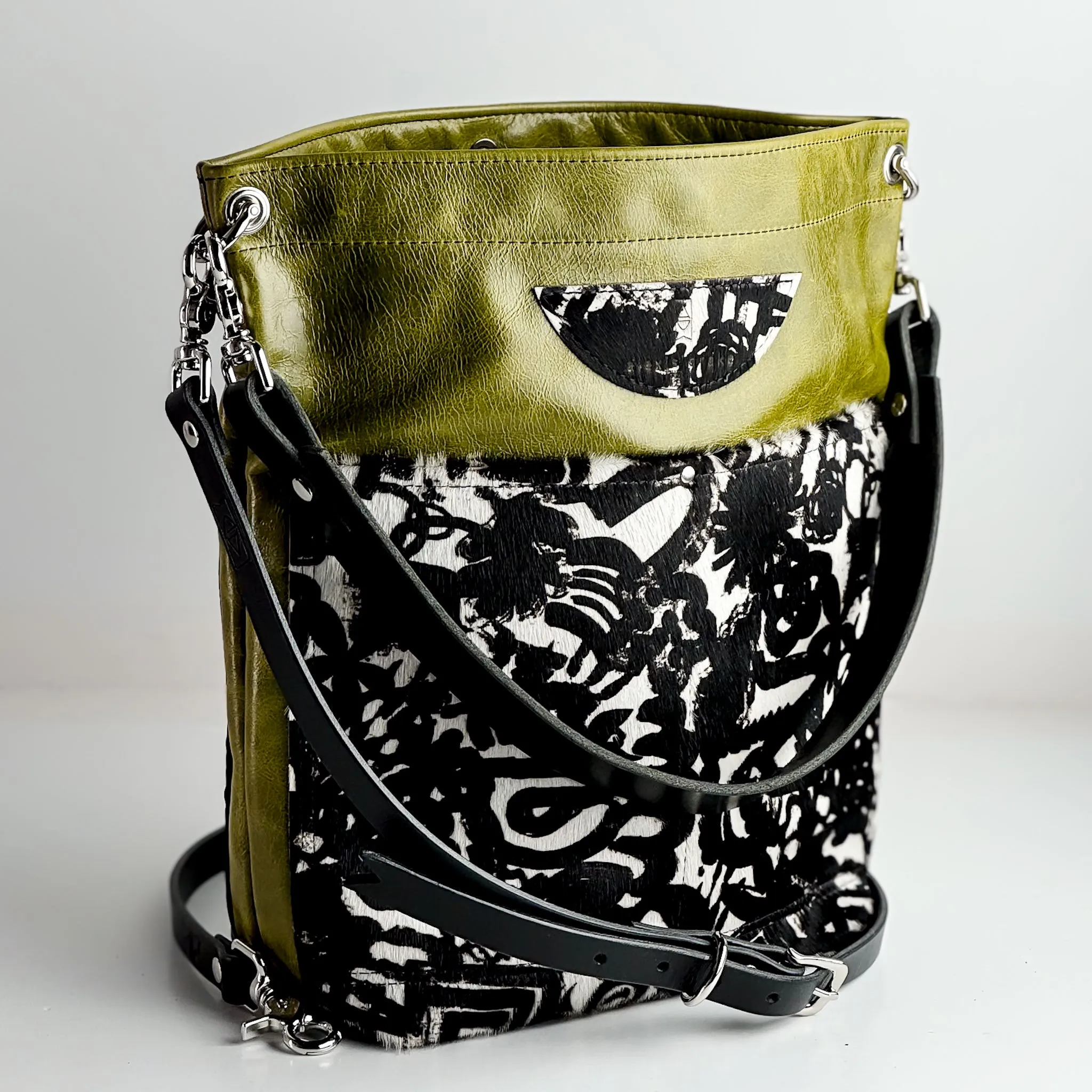 Urban Edge Collection | Train Shoulder Tote   Crossbody | Olive Leaf   Newsprint Hair-on-Hide