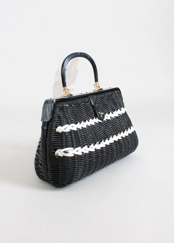 Vintage 1960s Black and White Wicker Purse