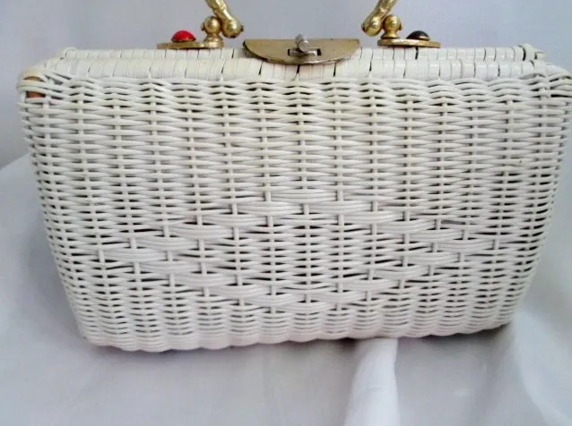 Vintage Handmade Basket Satchel Evening Bag Clutch Purse WHITE JEWEL ENCRUSTED