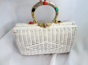 Vintage Handmade Basket Satchel Evening Bag Clutch Purse WHITE JEWEL ENCRUSTED