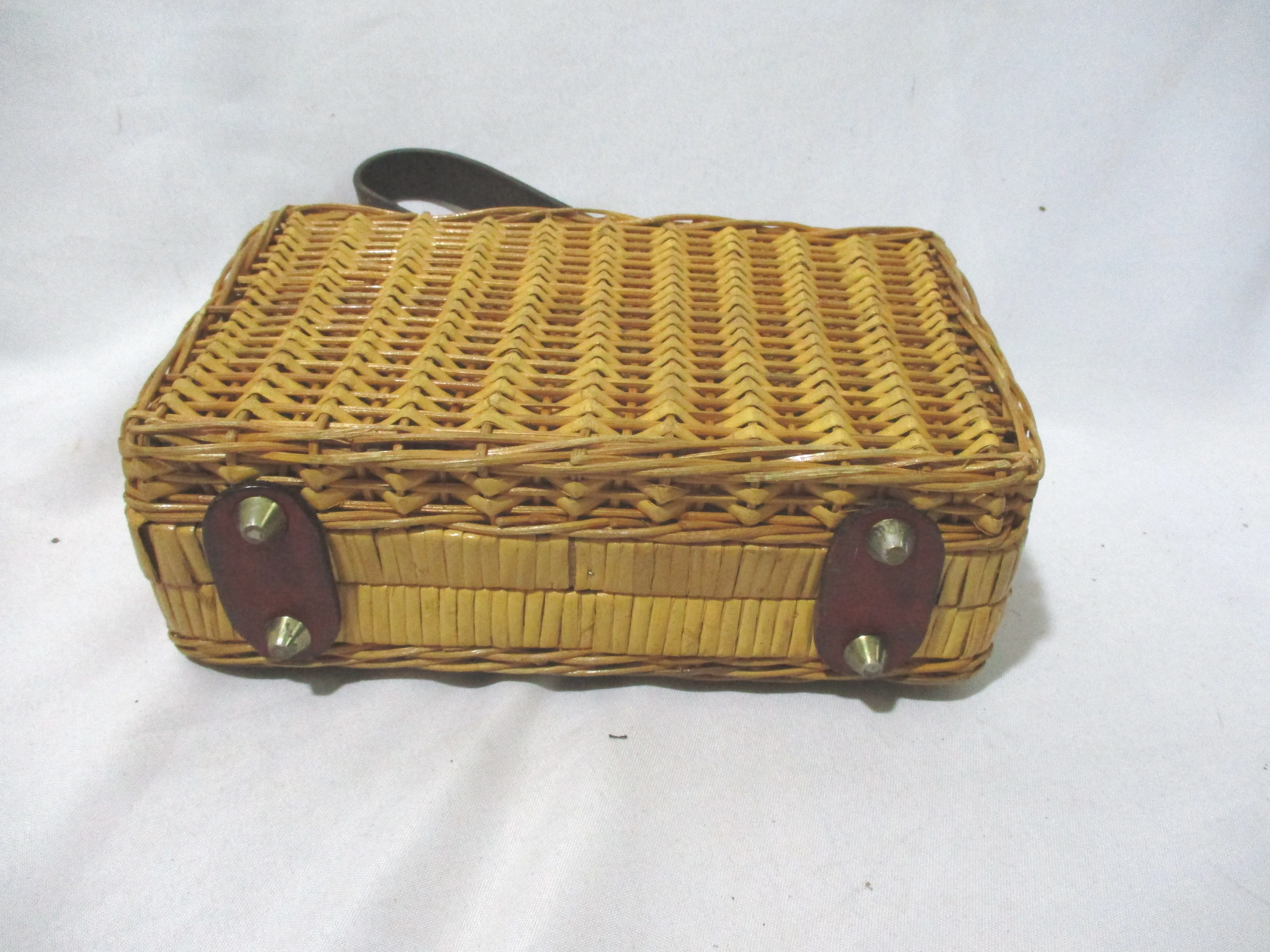 Vintage Wicker Basket Box Purse Satchel Bag Clutch Woven Leather