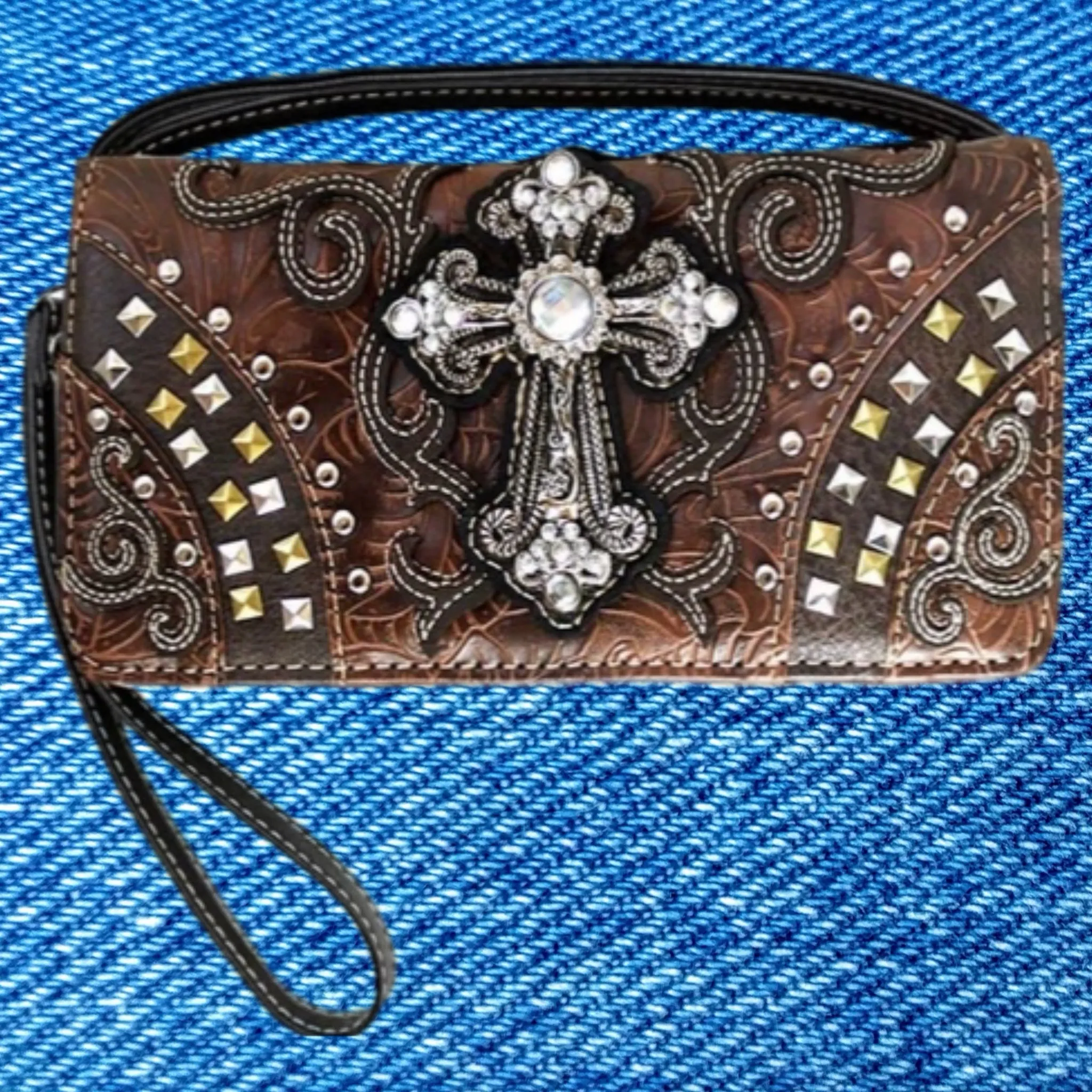 Western Studded Rhinestone Cross Wallet-BRO