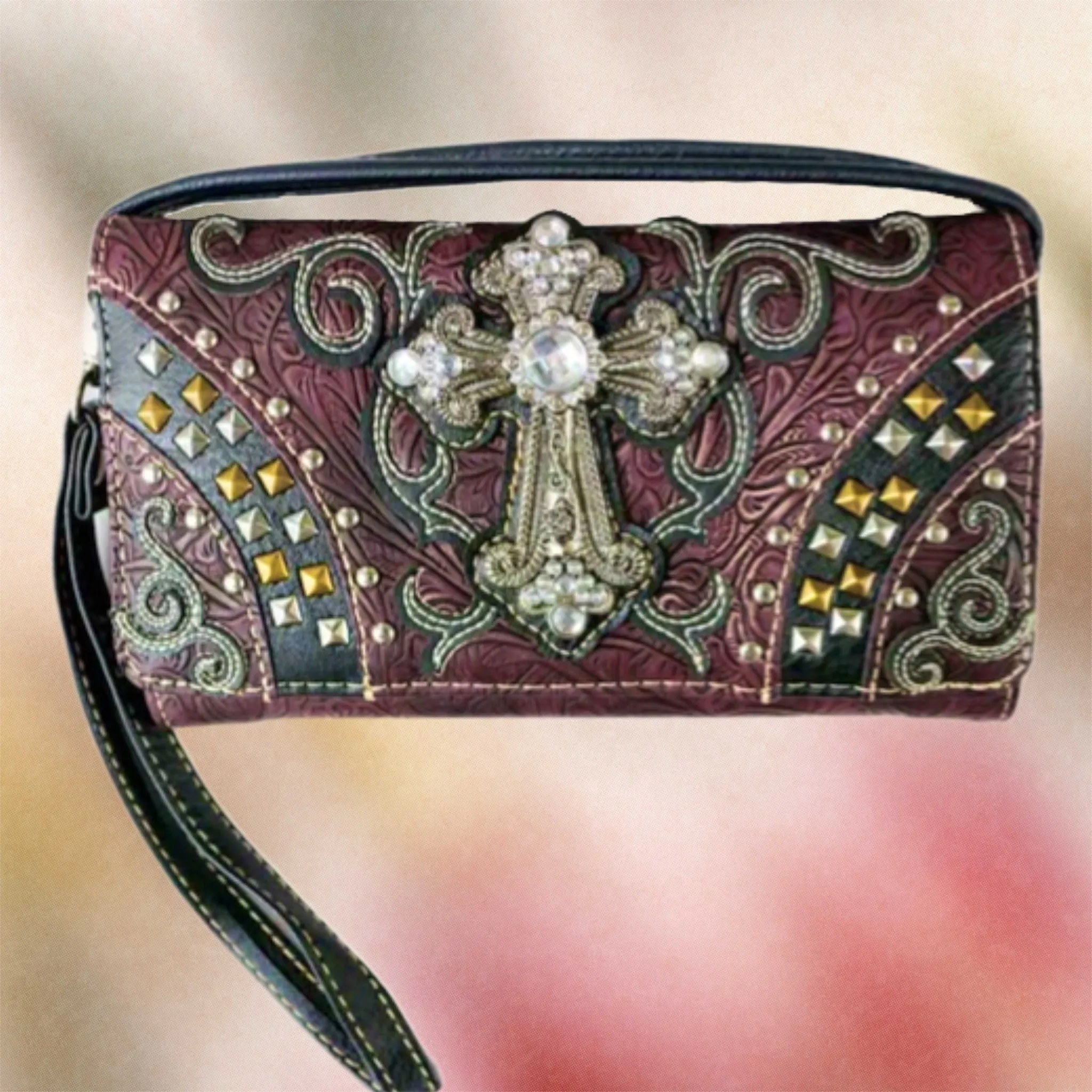 Western Studded Rhinestone Cross Wallet-PRPL