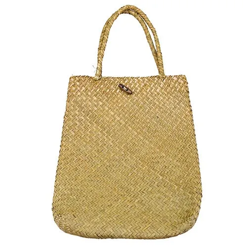 WHISM Rattan Grass Shoulder Bags Straw Women's Knitting Handbags Handmade Storage Bag Travel Wicker Storage Basket with Button