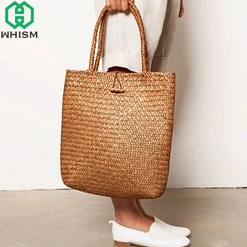 WHISM Rattan Grass Shoulder Bags Straw Women's Knitting Handbags Handmade Storage Bag Travel Wicker Storage Basket with Button