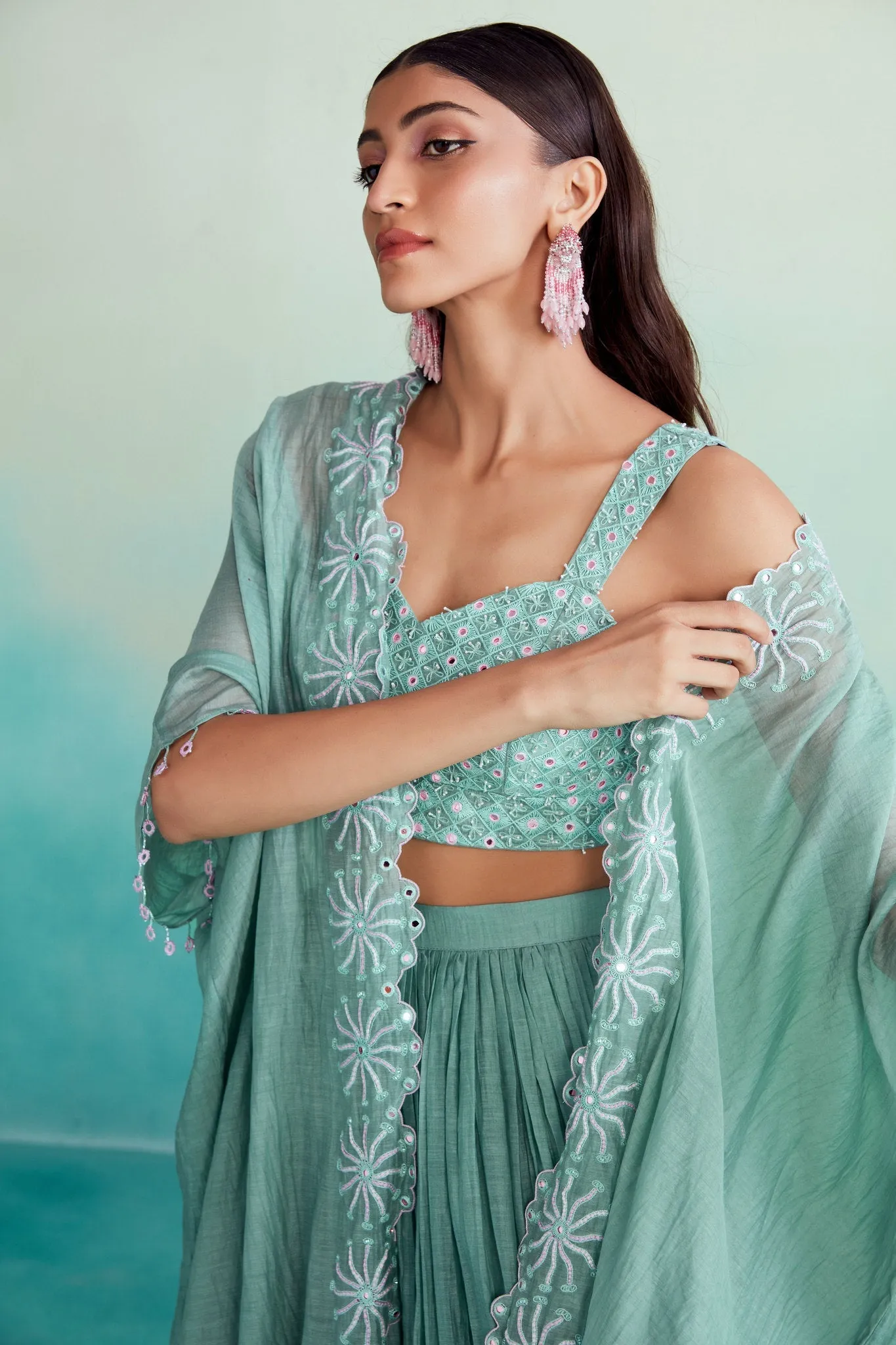 Zephyr jacket set - Mint Hand embroidered Jacket Crop top & Sharara set