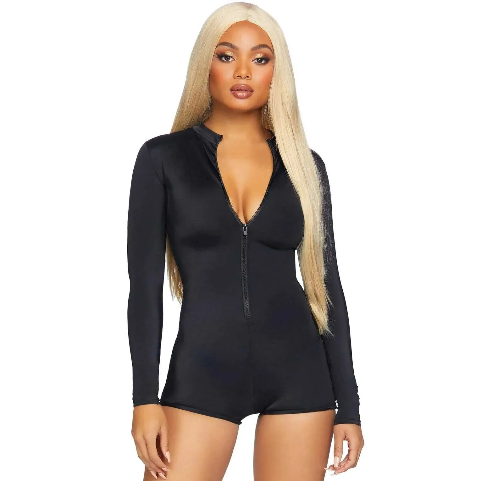 Zipper Front Long Sleeved Matte Romper - Medium - Black